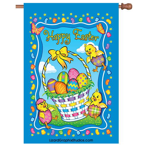 Dancing Easter Basket With Chicks English Reversible House Flag